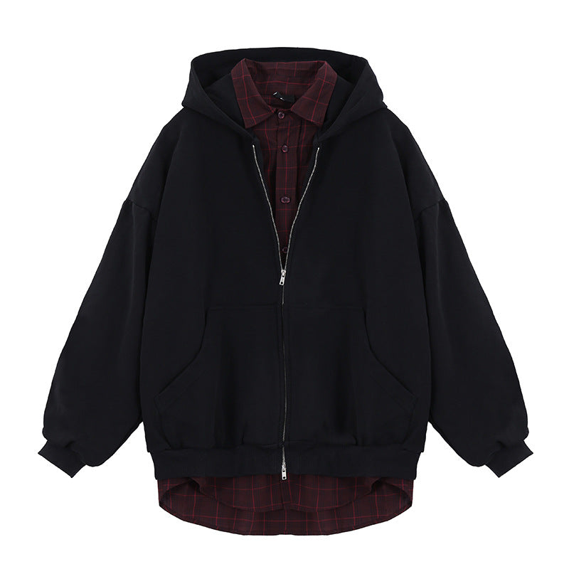 Men's Spliced Two-in-One Solid Color Zipper Hoodie Sweatshirt
