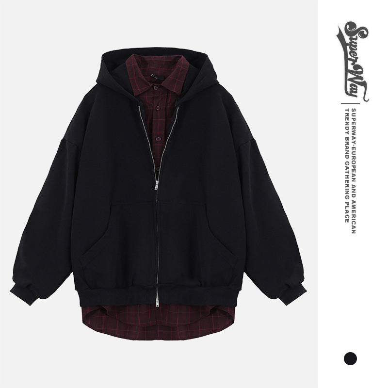 Men's Spliced Two-in-One Solid Color Zipper Hoodie Sweatshirt