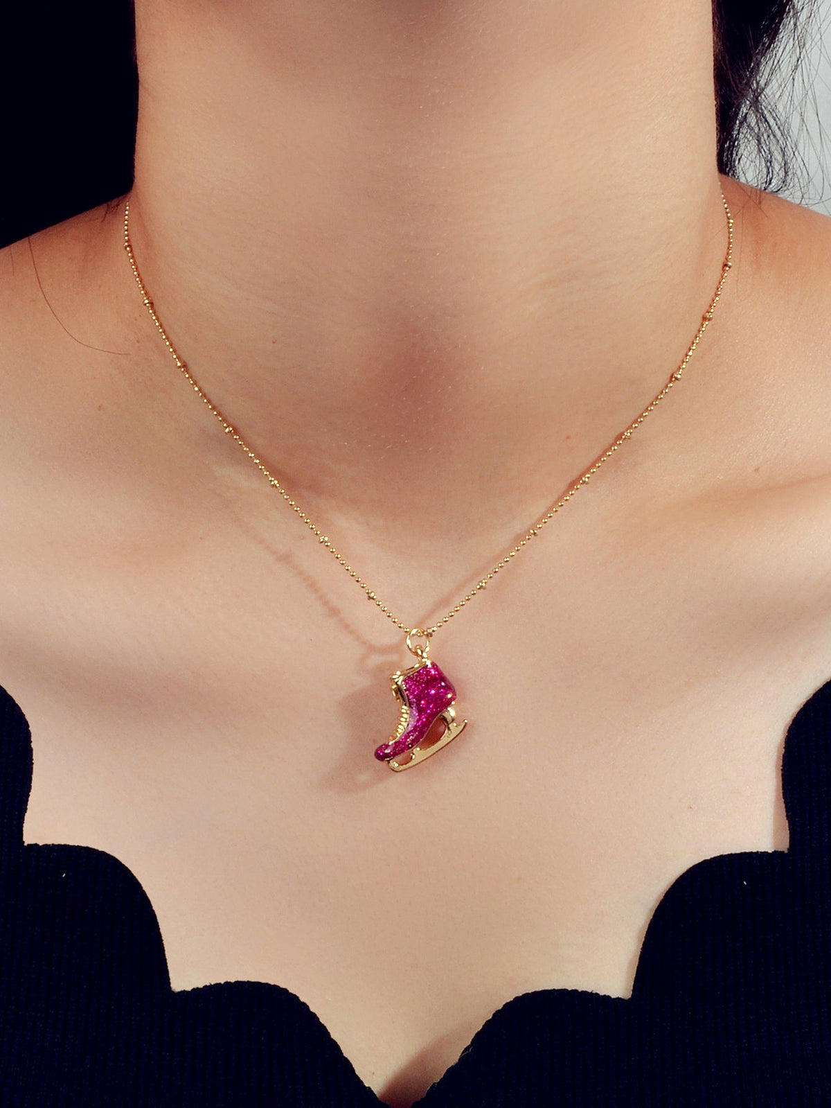Funny Gift for Women Gold Popcorn Chain Hotpink Ice Skate Shoes Pendant Necklace