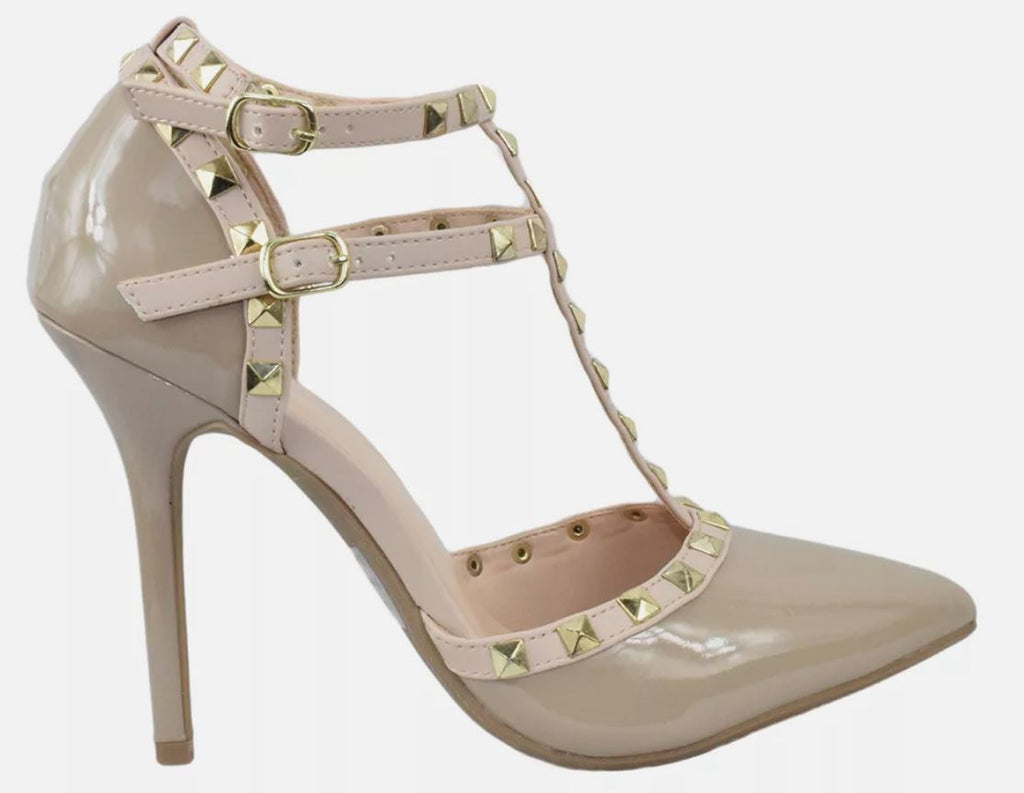 Wild Diva Women Stiletto Heels Pointy Toe Studded Pumps Strap ADORA64 Beige Nude