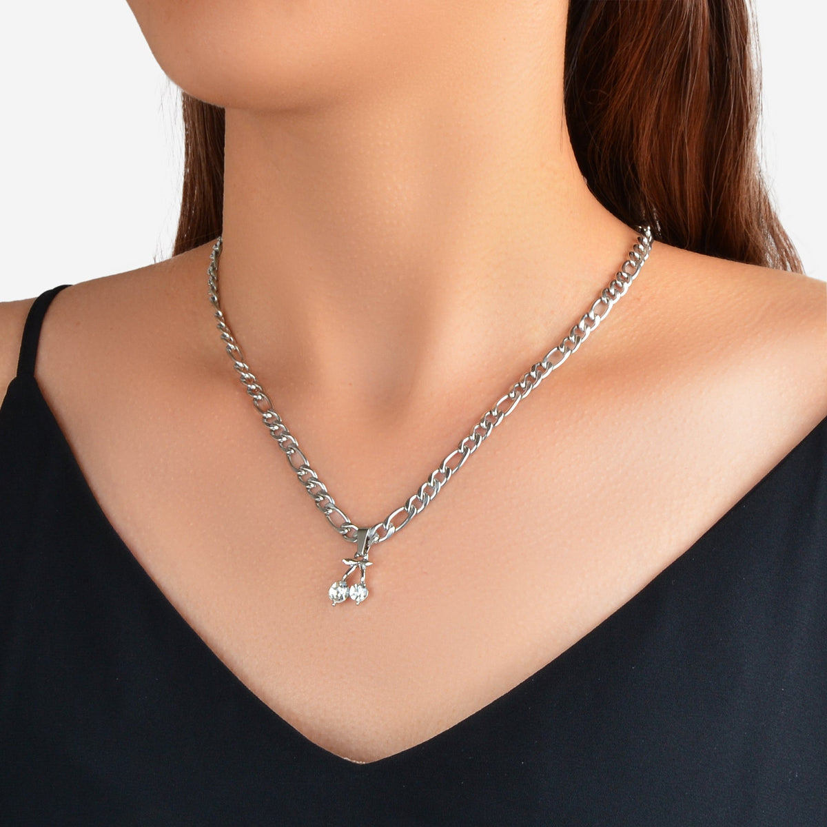 Retro Punk Silver Chain Rhinestone Decor Cherry Charm Necklace Women Accessories