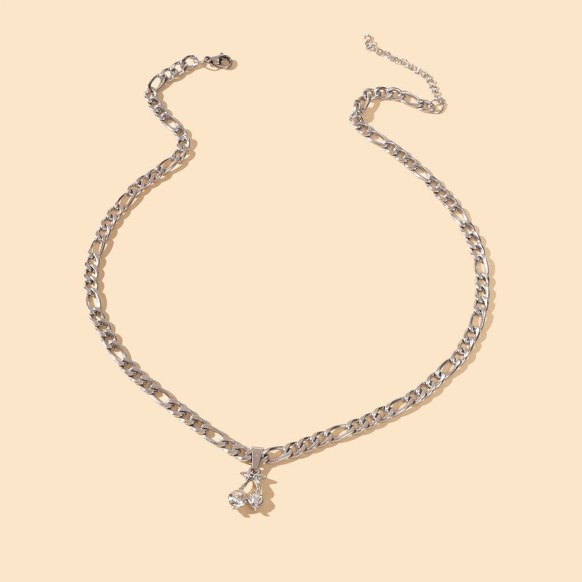 Retro Punk Silver Chain Rhinestone Decor Cherry Charm Necklace Women Accessories