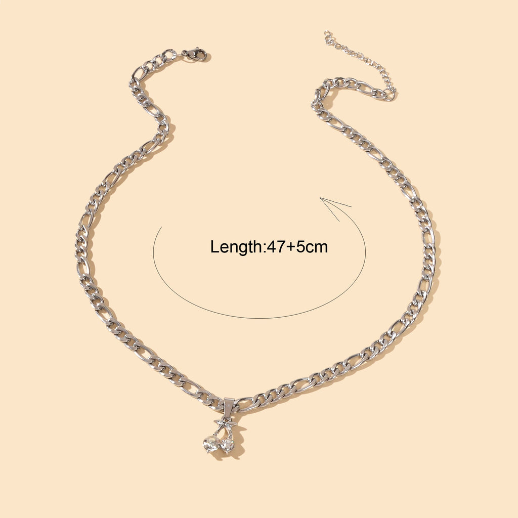 Retro Punk Silver Chain Rhinestone Decor Cherry Charm Necklace Women Accessories