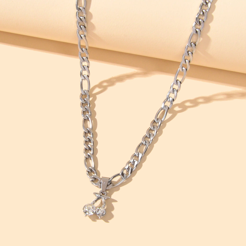 Retro Punk Silver Chain Rhinestone Decor Cherry Charm Necklace Women Accessories