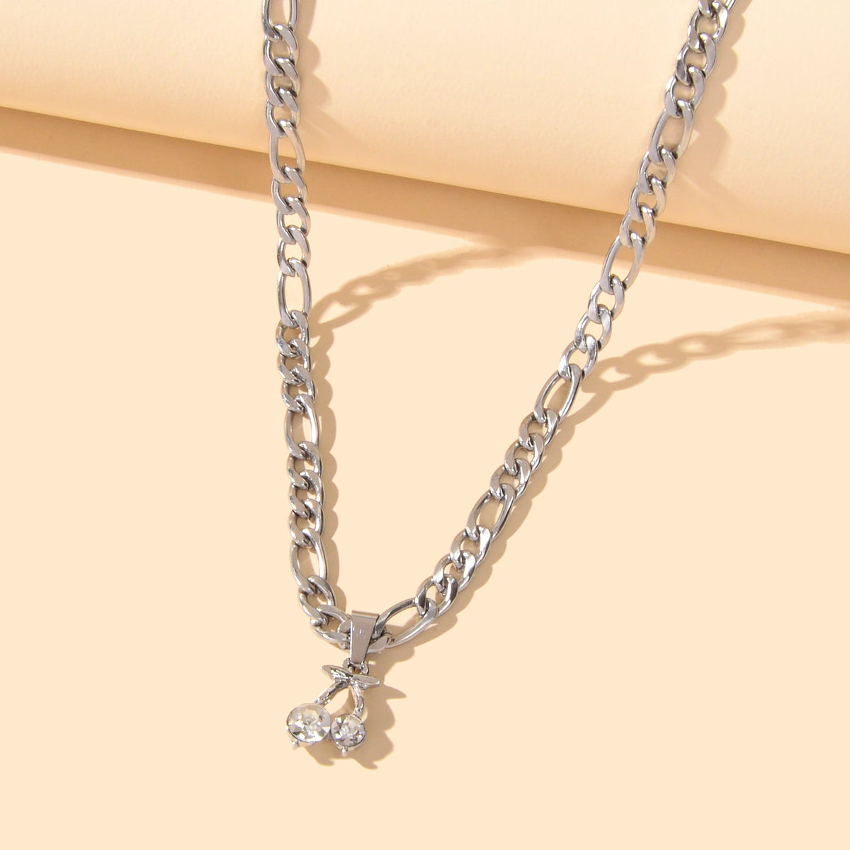 Retro Punk Silver Chain Rhinestone Decor Cherry Charm Necklace Women Accessories