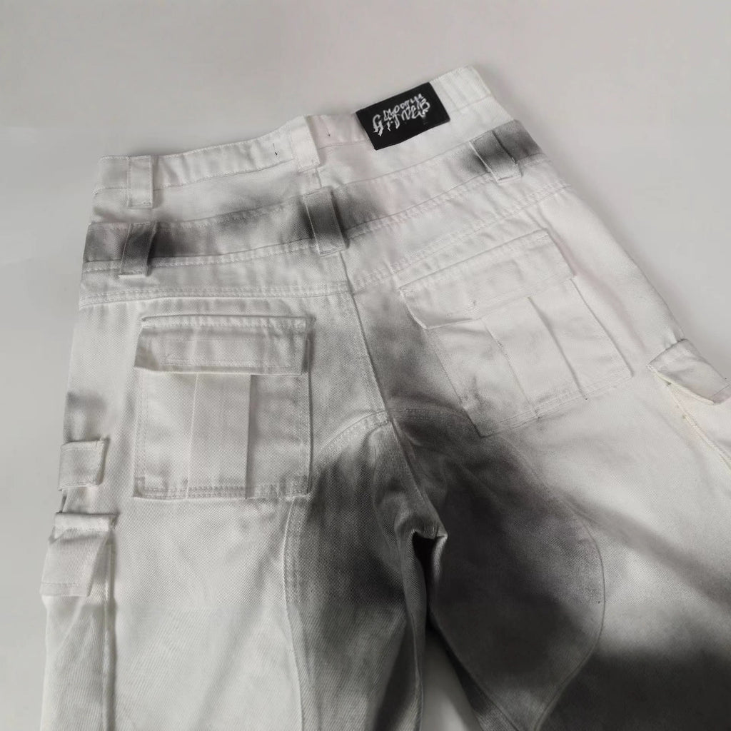 Inkjet multi bag dark workwear wide leg pants