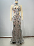 Colorful Diamond Decorated Fitted Round Neck Halter Bodycon Party Dress