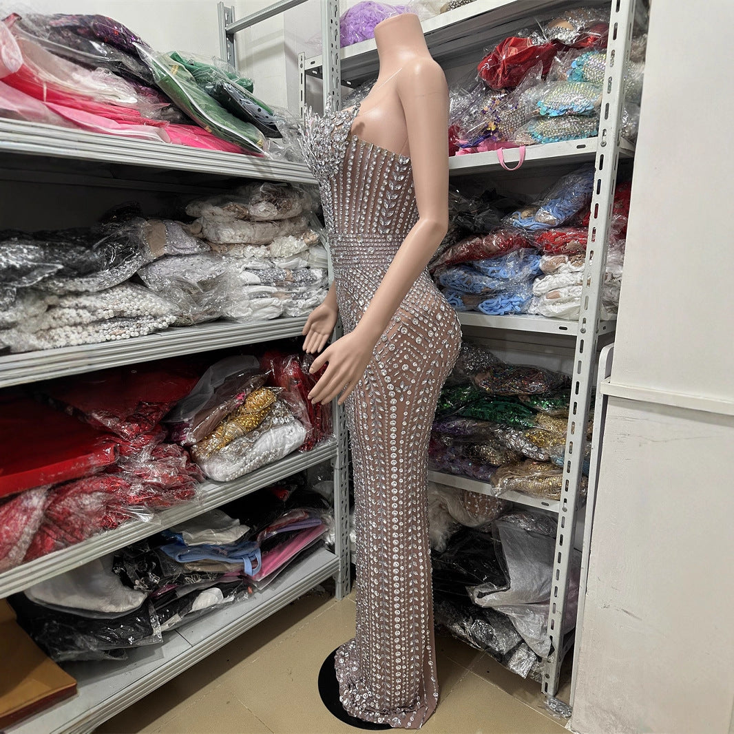 Super Flash Full Rhinestone Dress Waist-Slimming Sexy Slim Sleeveless Design Sense Evening Gown Stage Hosting Performance Dress
