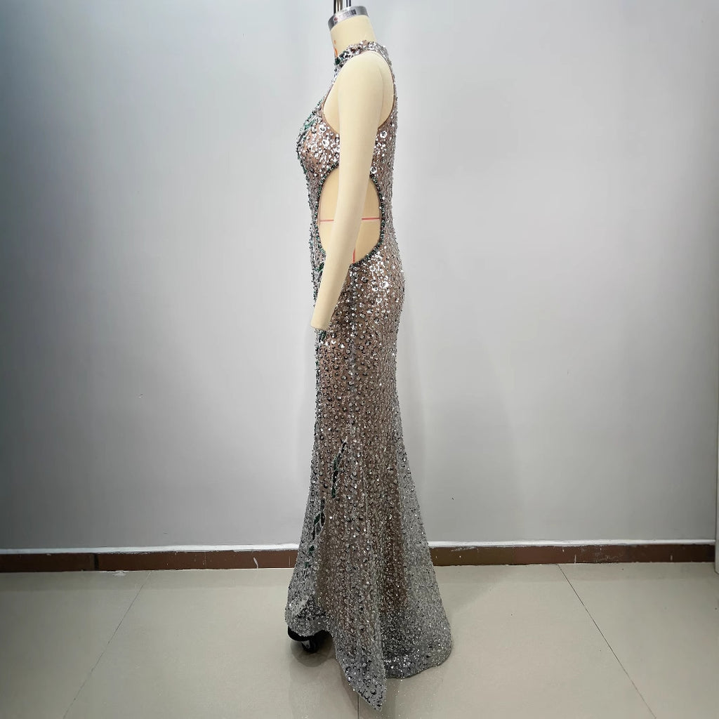 Colorful Diamond Decorated Fitted Round Neck Halter Bodycon Party Dress