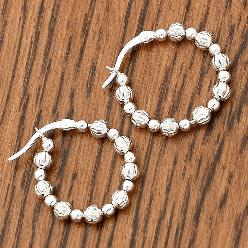 925 Sterling Silver Textured Bead Hoop Earrings – Stylish Trendy Jewelry DGE1031