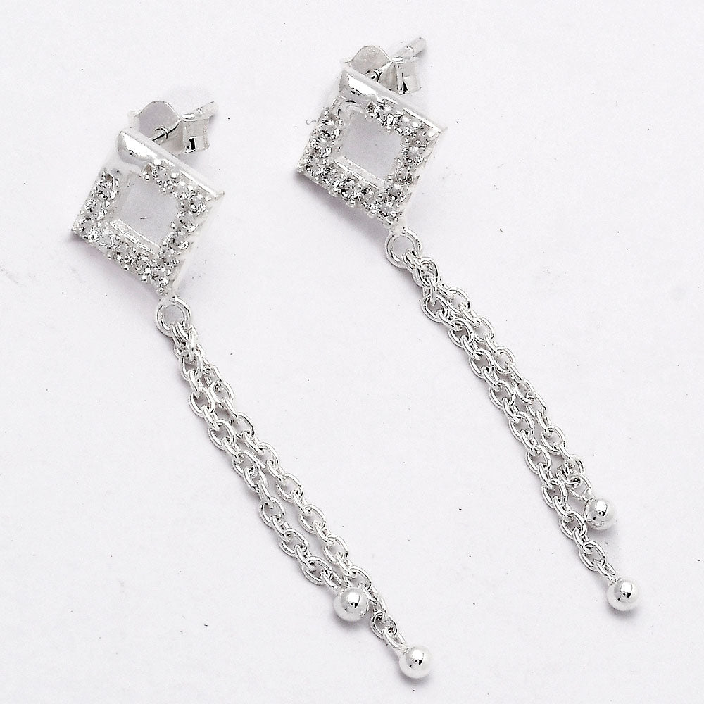 925 Sterling Silver CZ Square Chain Drop Earrings Jewelry for Women DGE1046