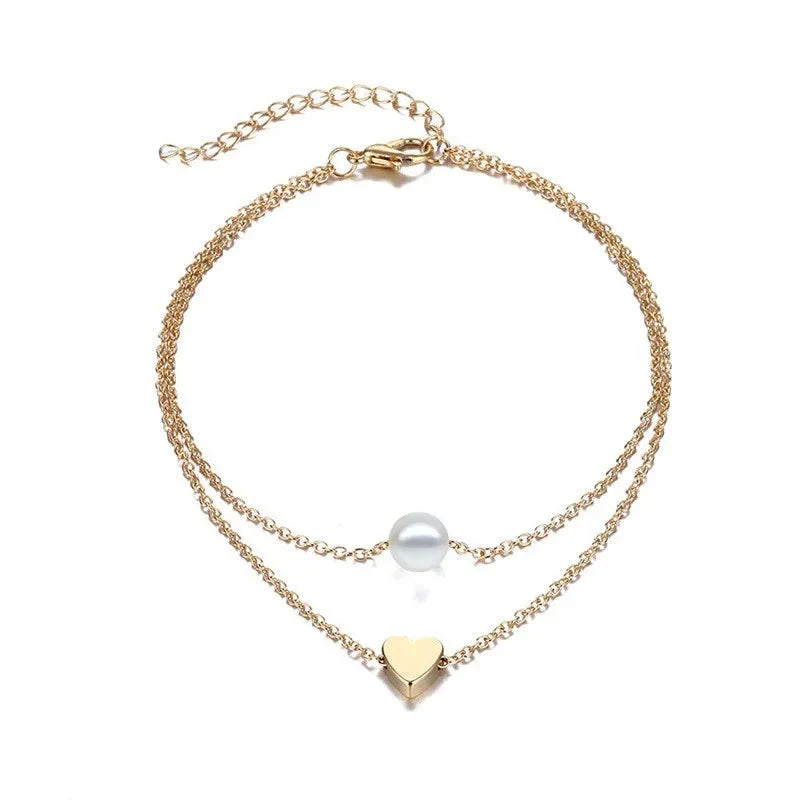 Trendy Beads Multilayer Summer Heart Anklet For Woman Bohemian Vintage Footwear Leg Bracelets 2021 Female Foot Jewelry Gifts New