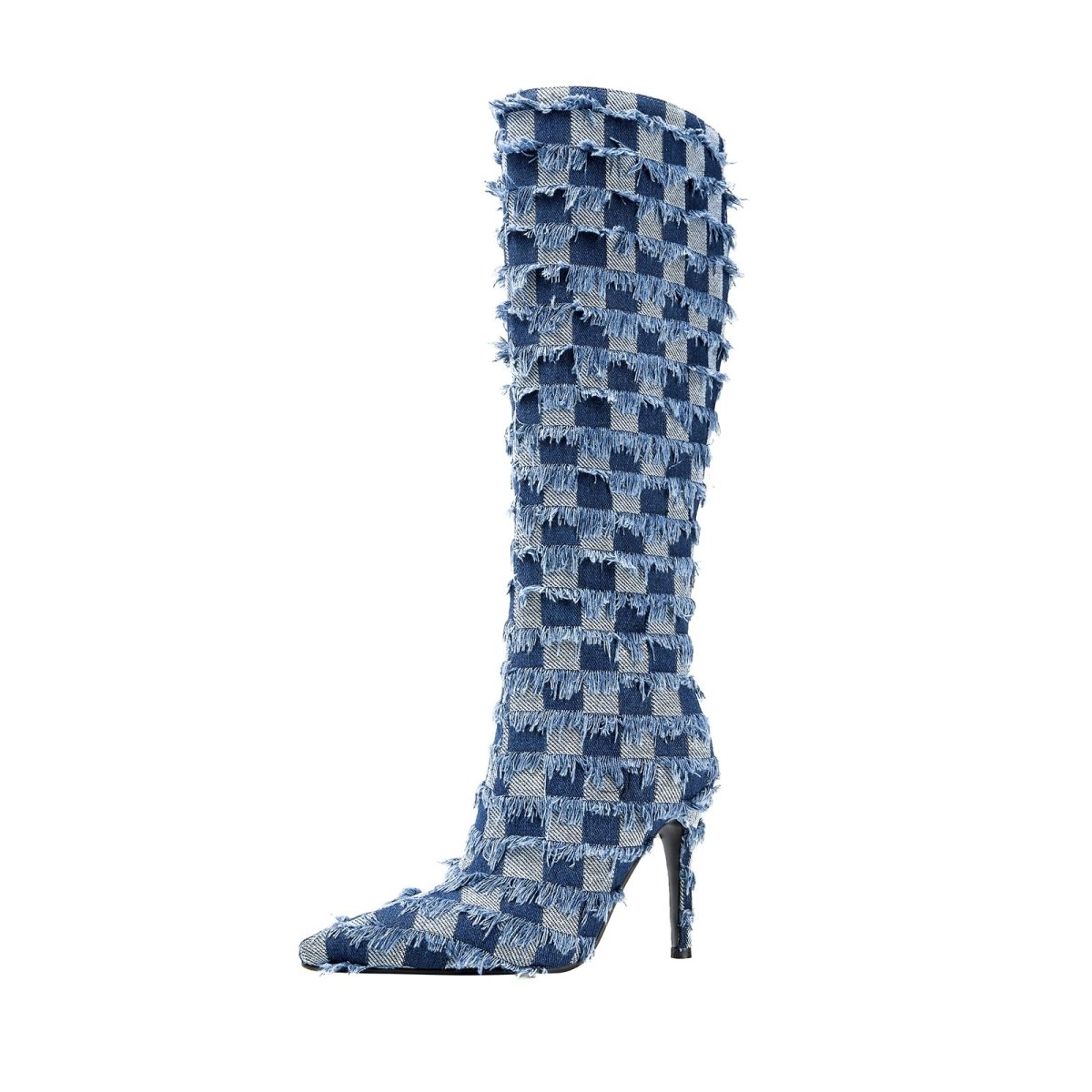 Frayed Checkered Blue Denim Knee High Boots