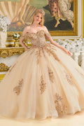 Off Shoulder Corset Bodice With Bejeweled Grommets Train Gown With Detachable Back Bow
