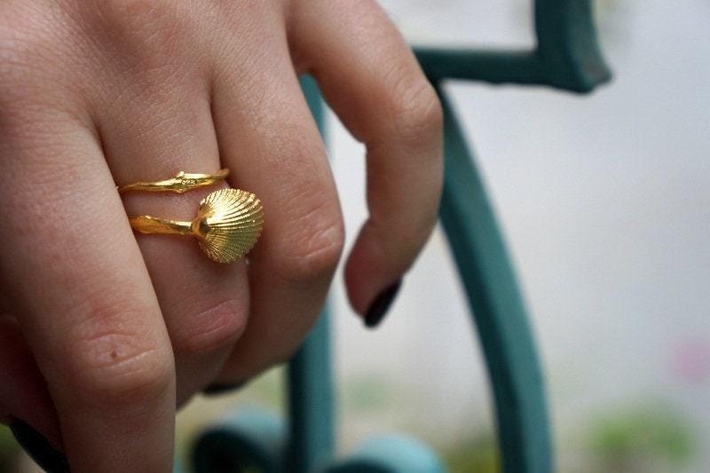 Gold Sea Shell Ring, Handmade Nature Jewelry, Organic Beach Band, Eco Gift for Luck & Vitality, Gold or Sterling Silver 925