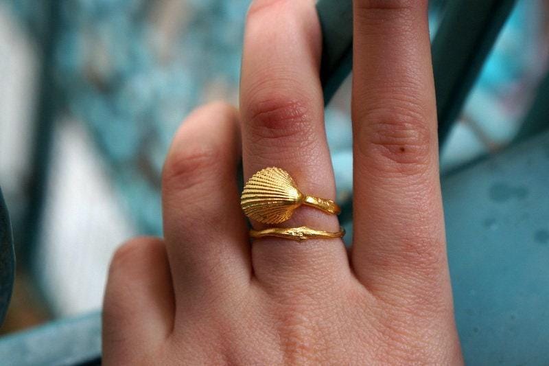 Gold Sea Shell Ring, Handmade Nature Jewelry, Organic Beach Band, Eco Gift for Luck & Vitality, Gold or Sterling Silver 925
