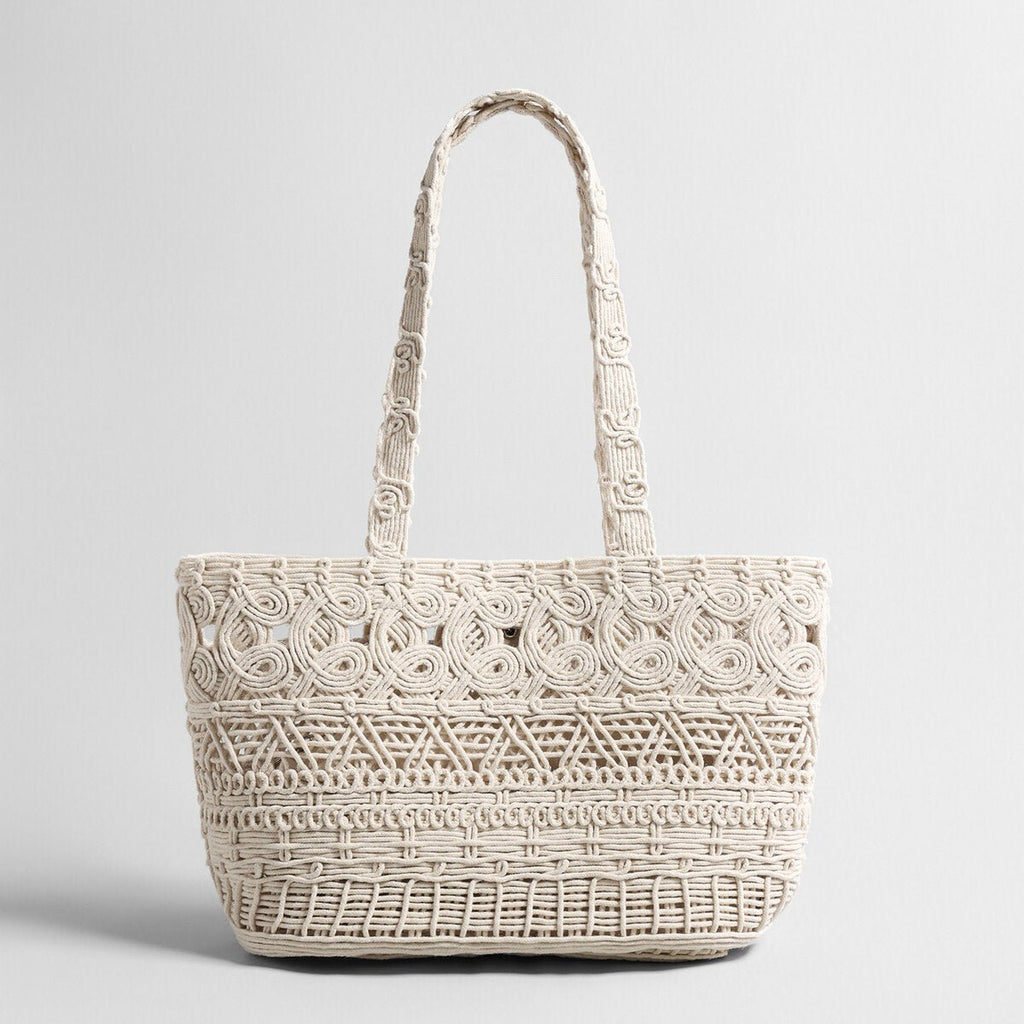 Macramé Woven Tote Bag – Handcrafted Cotton Rope Shoulder Bag with Inner Zipper Pouch